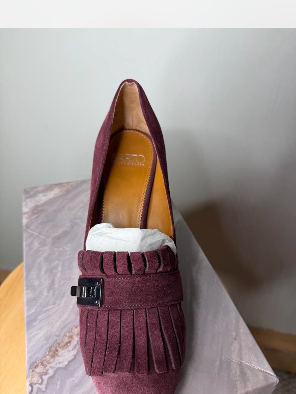 Franco Sarto Burgundy Suede Fringe Loafer